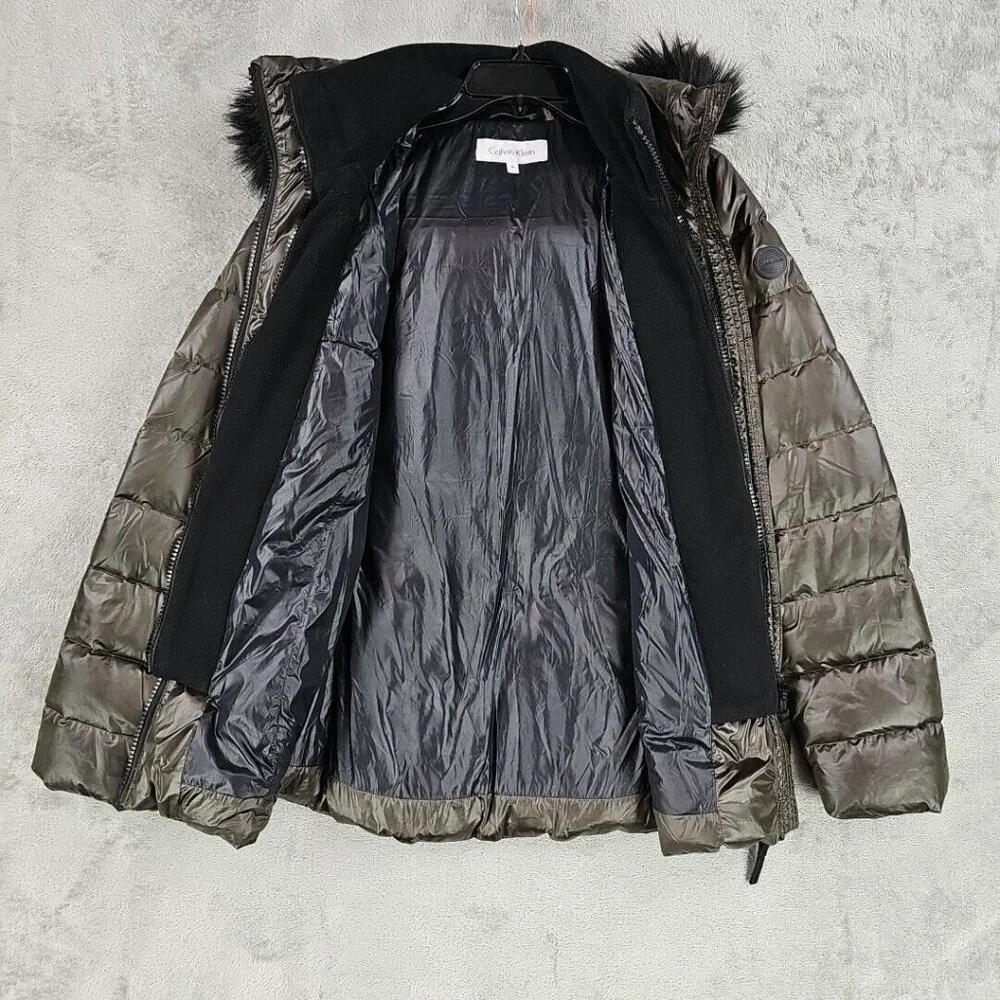 Calvin Klein Duck Down Puffer Jacket Womens Size M Brown Faux Fur Trim Hood - Picture 7 of 10